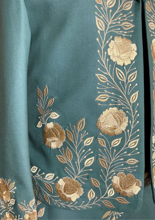 Women Custom Green Mariachi Suit: Golden Floral Embroidery 3 Piece Skirt Set