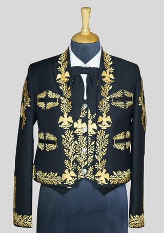 Men’s Black Mariachi Charro 3-Piece Suit with Yellow Embroidery – Traditional Wedding & Festival Outfit