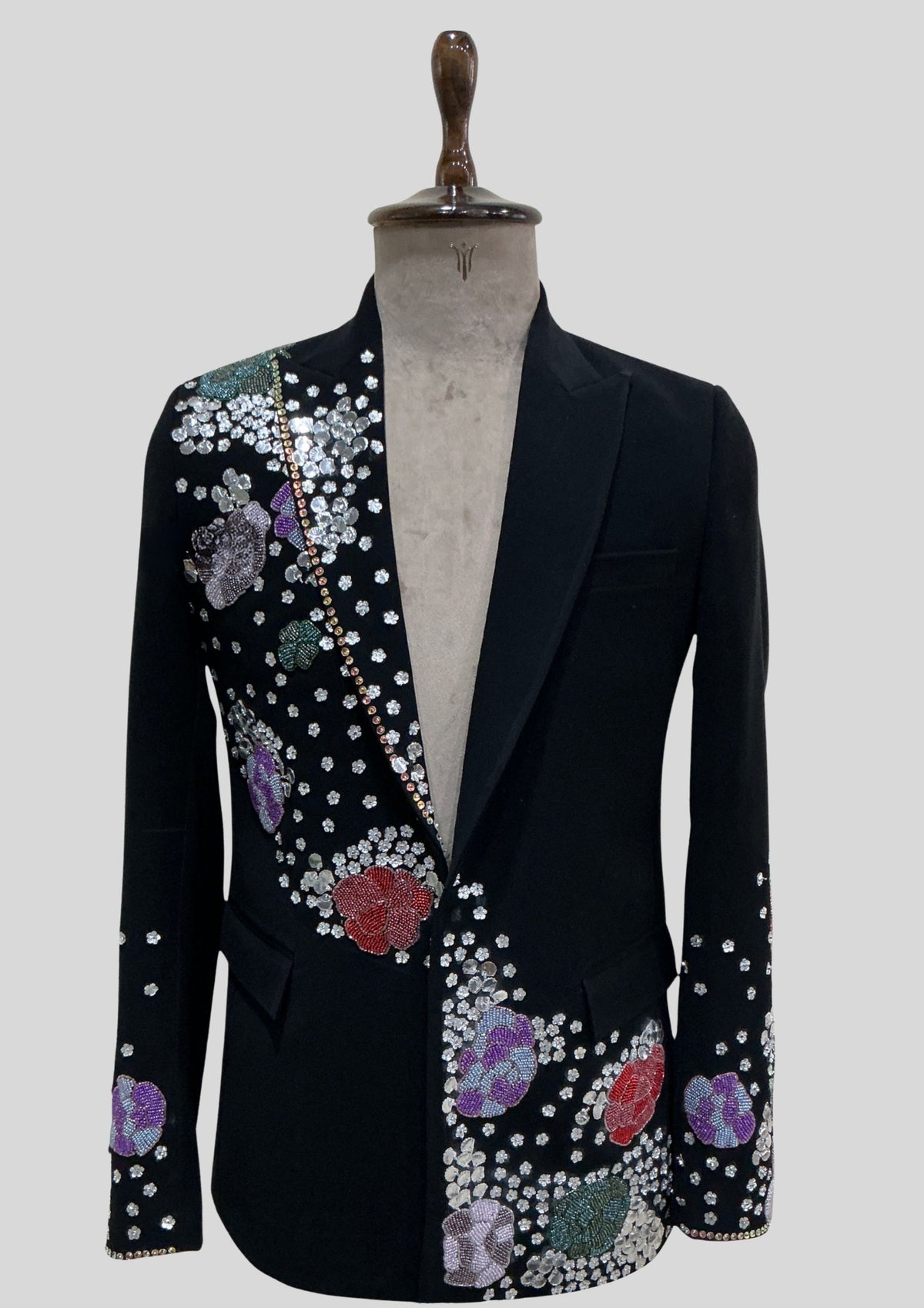 Men’s Black Embellished Floral Blazer Hand Beaded Rhinestone & Sequin Designer Jacket, Luxury Wedding Cocktail Outfit