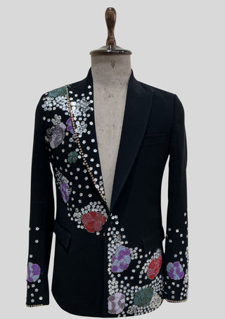 Men’s Black Embellished Floral Blazer Hand Beaded Rhinestone & Sequin Designer Jacket, Luxury Wedding Cocktail Outfit