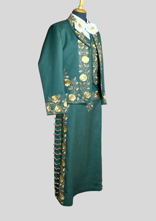 Women Custom Green Mariachi Suit: Golden Floral Embroidery 3 Piece Skirt Set