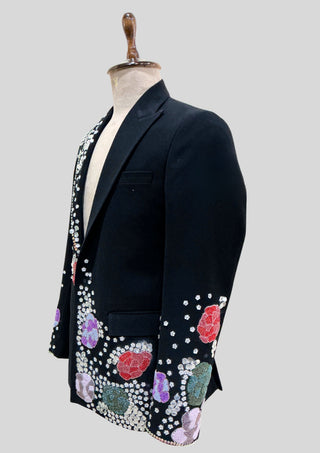 Men’s Black Embellished Floral Blazer Hand Beaded Rhinestone & Sequin Designer Jacket, Luxury Wedding Cocktail Outfit
