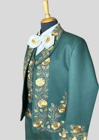 Women Custom Green Mariachi Suit: Golden Floral Embroidery 3 Piece Skirt Set