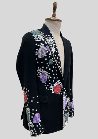 Men’s Black Embellished Floral Blazer Hand Beaded Rhinestone & Sequin Designer Jacket, Luxury Wedding Cocktail Outfit