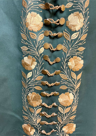 Women Custom Green Mariachi Suit: Golden Floral Embroidery 3 Piece Skirt Set