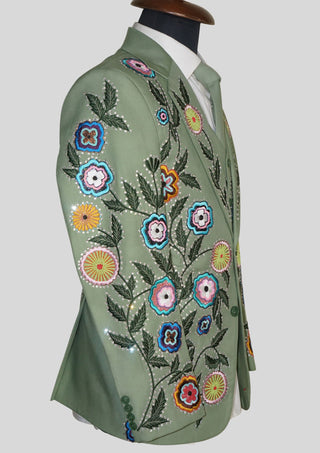 Palm Green Floral Embroidered 3 Piece Men’s Suit Country Western Style with Matching Waistcoat & Tie Western Groom Attire