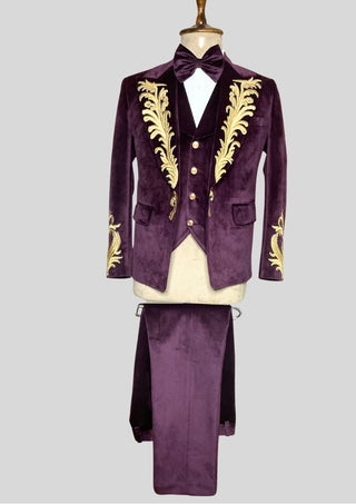 Men’s Purple Velvet Rococo 4 Piece Suit with Cape – Gold Embroidered Blazer, Waistcoat & Plain Pants