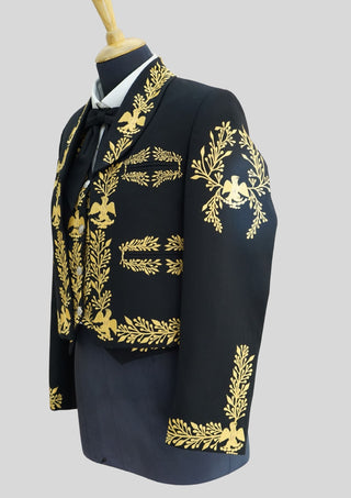 Men’s Black Mariachi Charro 3-Piece Suit with Yellow Embroidery – Traditional Wedding & Festival Outfit