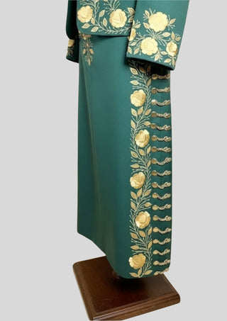 Women Custom Green Mariachi Suit: Golden Floral Embroidery 3 Piece Skirt Set