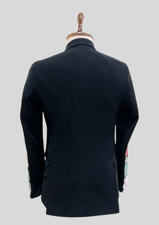 Men’s Black Embellished Floral Blazer Hand Beaded Rhinestone & Sequin Designer Jacket, Luxury Wedding Cocktail Outfit