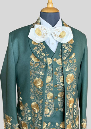 Women Custom Green Mariachi Suit: Golden Floral Embroidery 3 Piece Skirt Set