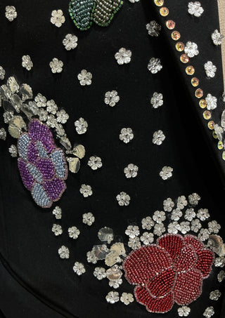 Men’s Black Embellished Floral Blazer Hand Beaded Rhinestone & Sequin Designer Jacket, Luxury Wedding Cocktail Outfit