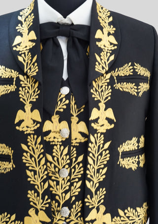 Men’s Black Mariachi Charro 3-Piece Suit with Yellow Embroidery – Traditional Wedding & Festival Outfit