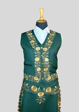 Women Custom Green Mariachi Suit: Golden Floral Embroidery 3 Piece Skirt Set