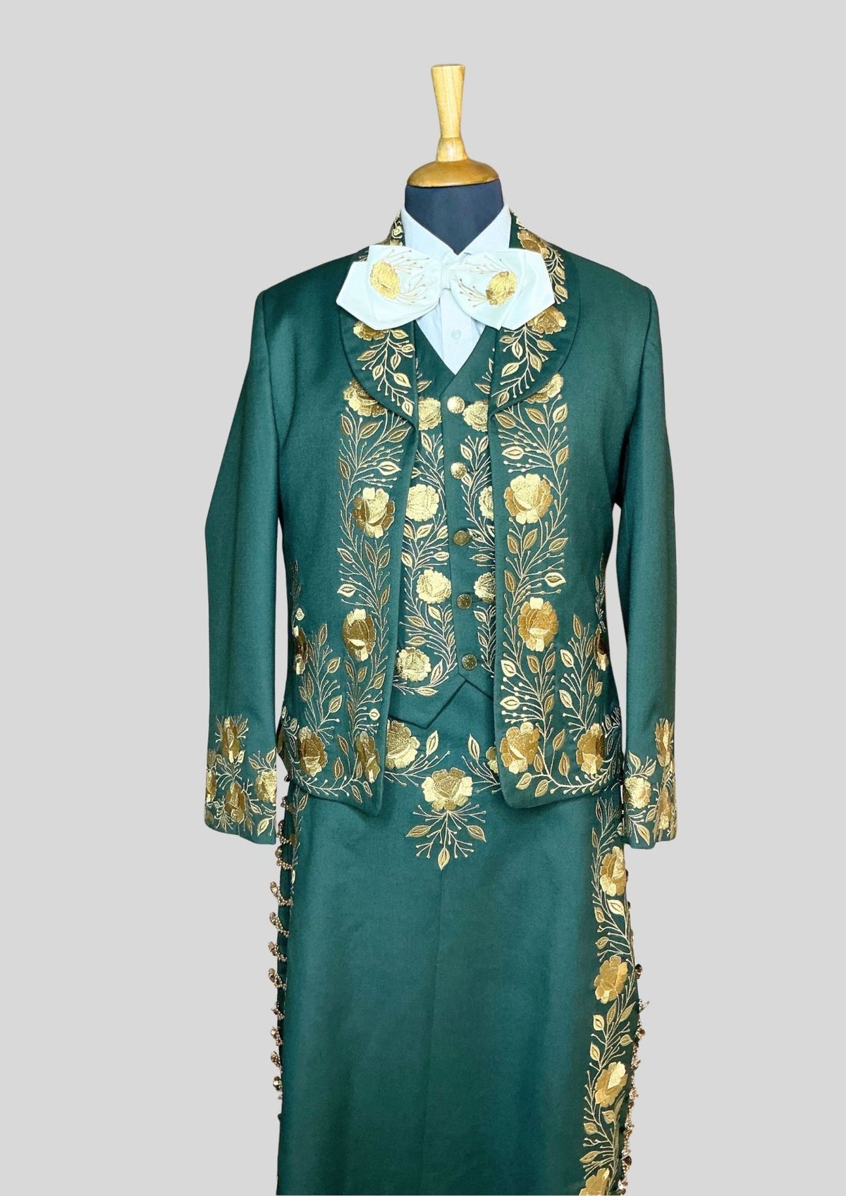 Women Custom Green Mariachi Suit: Golden Floral Embroidery 3 Piece Skirt Set