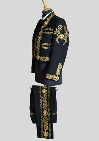 Men’s Black Mariachi Charro 3-Piece Suit with Yellow Embroidery – Traditional Wedding & Festival Outfit
