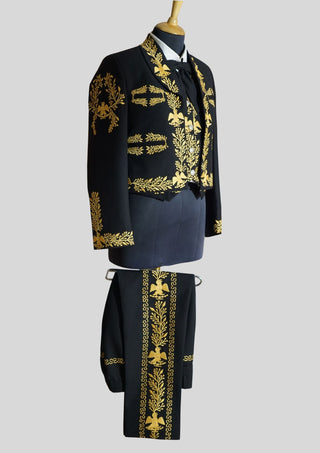 Men’s Black Mariachi Charro 3-Piece Suit with Yellow Embroidery – Traditional Wedding & Festival Outfit