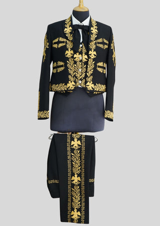 Men’s Black Mariachi Charro 3-Piece Suit with Yellow Embroidery – Traditional Wedding & Festival Outfit
