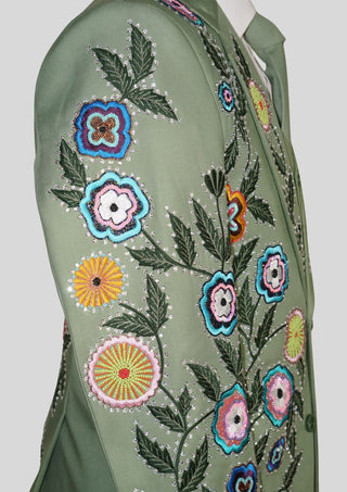 Palm Green Floral Embroidered 3 Piece Men’s Suit Country Western Style with Matching Waistcoat & Tie Western Groom Attire