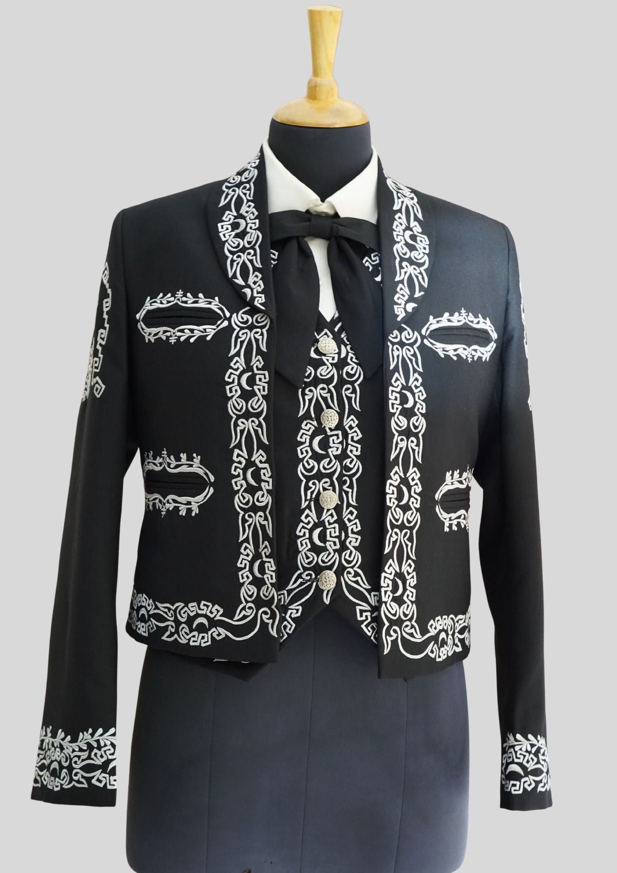 Men’s Black Mariachi Charro Suit with Silver Embroidery – 3 Piece Custom Outfit