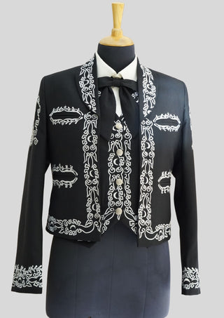 Men’s Black Mariachi Charro Suit with Silver Embroidery – 3 Piece Custom Outfit