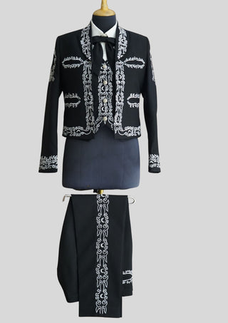 Men’s Black Mariachi Charro Suit with Silver Embroidery – 3 Piece Custom Outfit