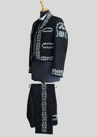 Men’s Black Mariachi Charro Suit with Silver Embroidery – 3 Piece Custom Outfit