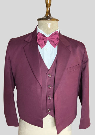 Men’s Wine Color 3-Piece Suit with Cropped Jacket Matching Waistcoat Set Wedding Party Attire