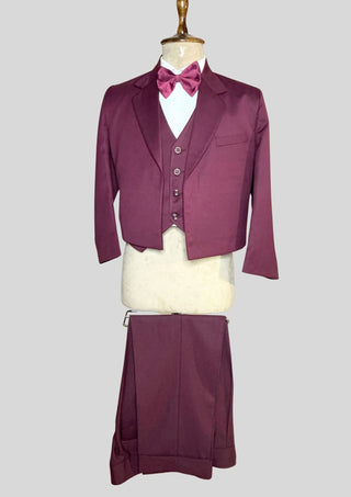 Men’s Wine Color 3-Piece Suit with Cropped Jacket Matching Waistcoat Set Wedding Party Attire