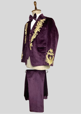 Men’s Purple Velvet Rococo 4 Piece Suit with Cape – Gold Embroidered Blazer, Waistcoat & Plain Pants