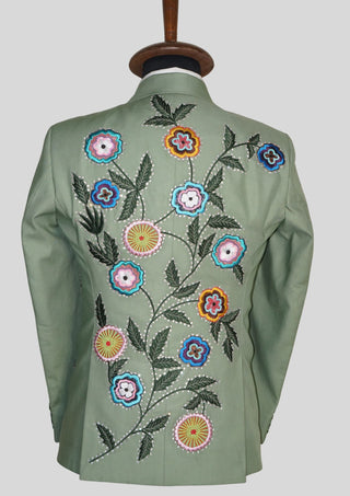 Palm Green Floral Embroidered 3 Piece Men’s Suit Country Western Style with Matching Waistcoat & Tie Western Groom Attire