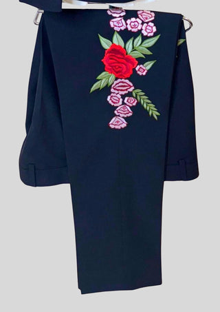 Men’s Blue Embroidered Country Western 2 Piece Suit – Floral Rose Design Cowboy Wedding & Party Outfit