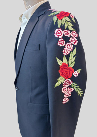 Men’s Blue Embroidered Country Western 2 Piece Suit – Floral Rose Design Cowboy Wedding & Party Outfit