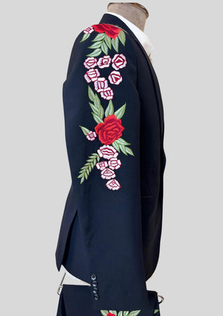 Men’s Blue Embroidered Country Western 2 Piece Suit – Floral Rose Design Cowboy Wedding & Party Outfit