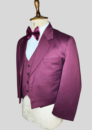 Men’s Wine Color 3-Piece Suit with Cropped Jacket Matching Waistcoat Set Wedding Party Attire