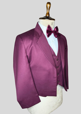 Men’s Wine Color 3-Piece Suit with Cropped Jacket Matching Waistcoat Set Wedding Party Attire