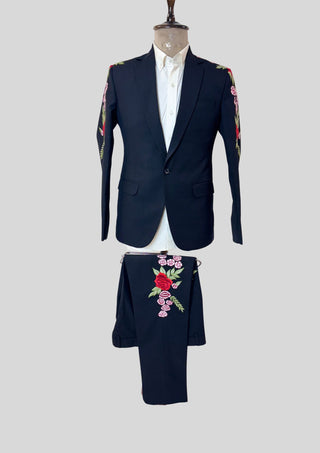 Men’s Blue Embroidered Country Western 2 Piece Suit – Floral Rose Design Cowboy Wedding & Party Outfit
