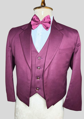 Men’s Wine Color 3-Piece Suit with Cropped Jacket Matching Waistcoat Set Wedding Party Attire
