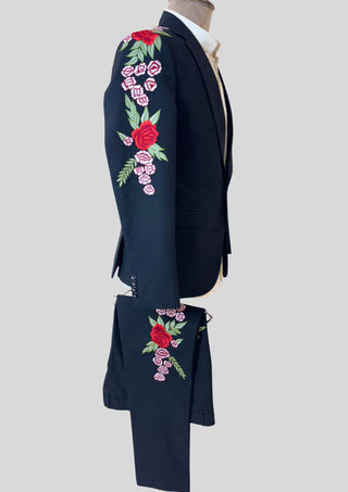 Men’s Blue Embroidered Country Western 2 Piece Suit – Floral Rose Design Cowboy Wedding & Party Outfit