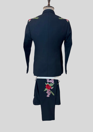 Men’s Blue Embroidered Country Western 2 Piece Suit – Floral Rose Design Cowboy Wedding & Party Outfit