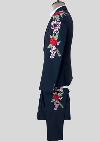 Men’s Blue Embroidered Country Western 2 Piece Suit – Floral Rose Design Cowboy Wedding & Party Outfit