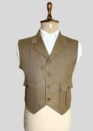 Men’s Brown Herringbone Tweed Waistcoat with Lapel Collar Vintage Classic Formal Vest