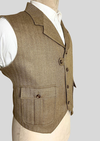 Men’s Brown Herringbone Tweed Waistcoat with Lapel Collar Vintage Classic Formal Vest