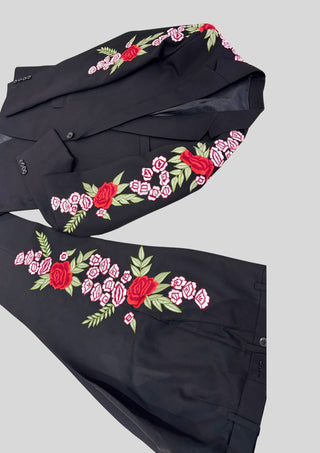 Men’s Blue Embroidered Country Western 2 Piece Suit – Floral Rose Design Cowboy Wedding & Party Outfit