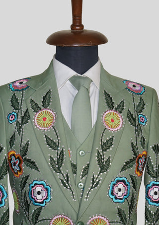 Palm Green Floral Embroidered 3 Piece Men’s Suit Country Western Style with Matching Waistcoat & Tie Western Groom Attire