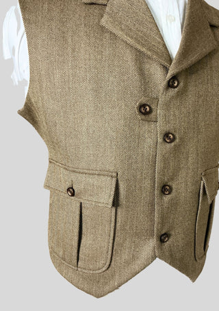 Men’s Brown Herringbone Tweed Waistcoat with Lapel Collar Vintage Classic Formal Vest