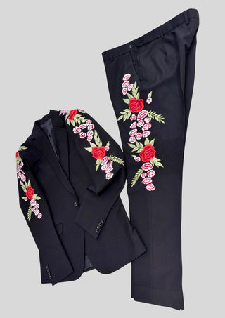 Men’s Blue Embroidered Country Western 2 Piece Suit – Floral Rose Design Cowboy Wedding & Party Outfit