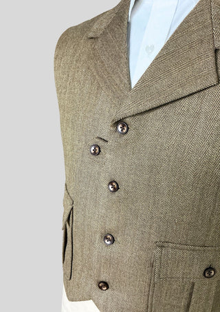 Men’s Brown Herringbone Tweed Waistcoat with Lapel Collar Vintage Classic Formal Vest