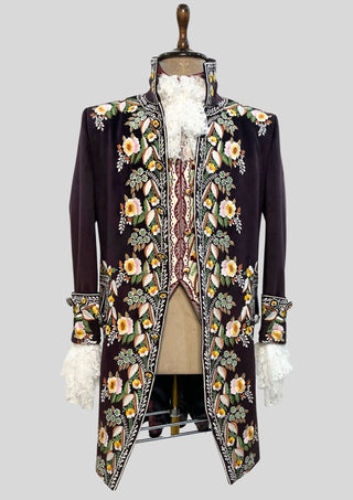 Men’s Wine Rococo 4-Piece Suit – Embroidered Vintage Coat with Waistcoat & Breeches | Baroque Wedding, Royal Costume