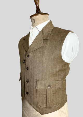 Men’s Brown Herringbone Tweed Waistcoat with Lapel Collar Vintage Classic Formal Vest